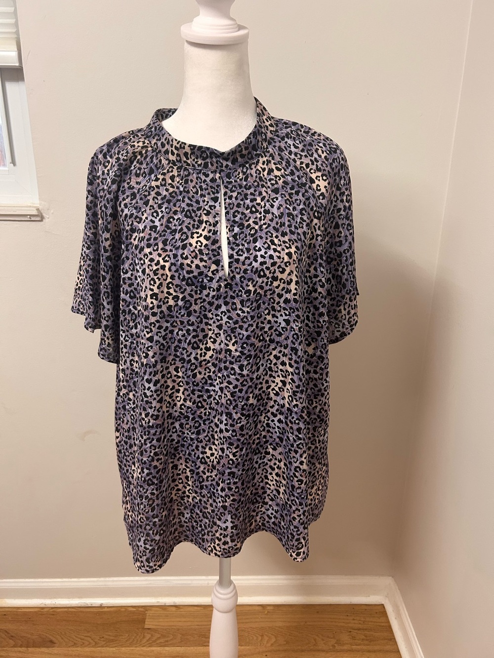 Peyton Jensen XL Leopard Print Blouse Purple Black Keyhole Made in USA